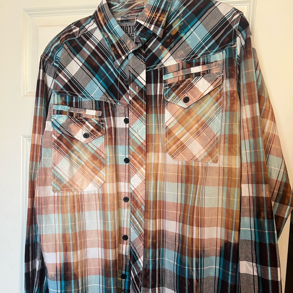 Rue21 brand plaid button down. Custom bleached. Size large